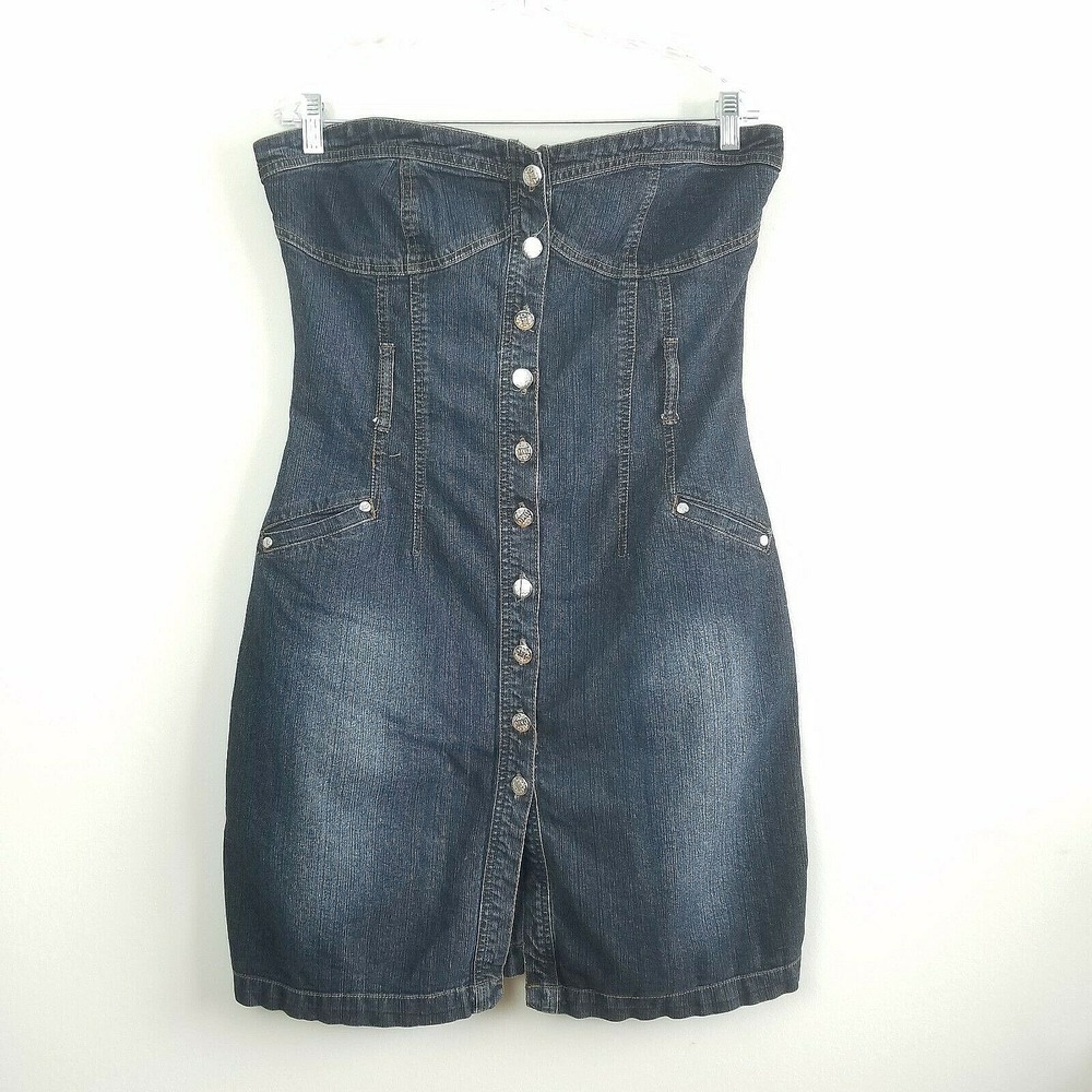 Drama‎ Gold Denim Dress Size 9/10 Blue Strapless Metal Button Western Boho Vtg